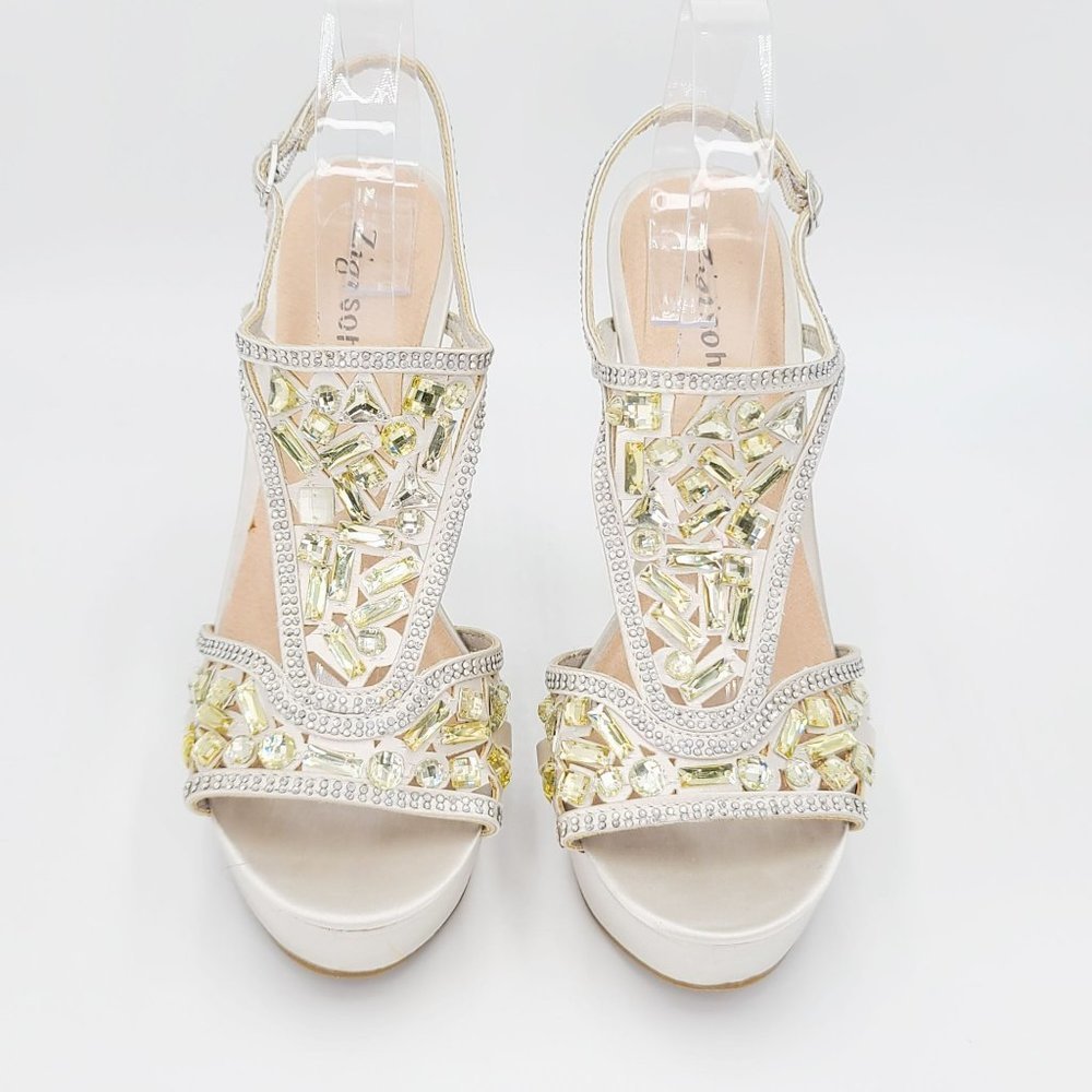 Zigi Soho Sandals SUNELLE Silver Satin Crystal Rhinestone Jeweled Heels Size 10 - Picture 3 of 7